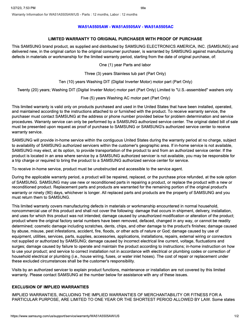Página 1 del manual Información de garantía Samsung WA51A5505AW