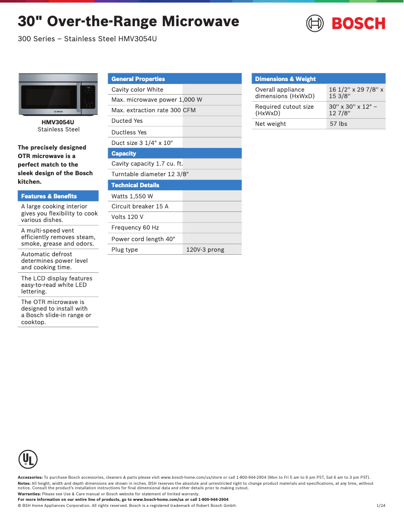 Página 1 del manual Ficha técnica Bosch HMV3054U