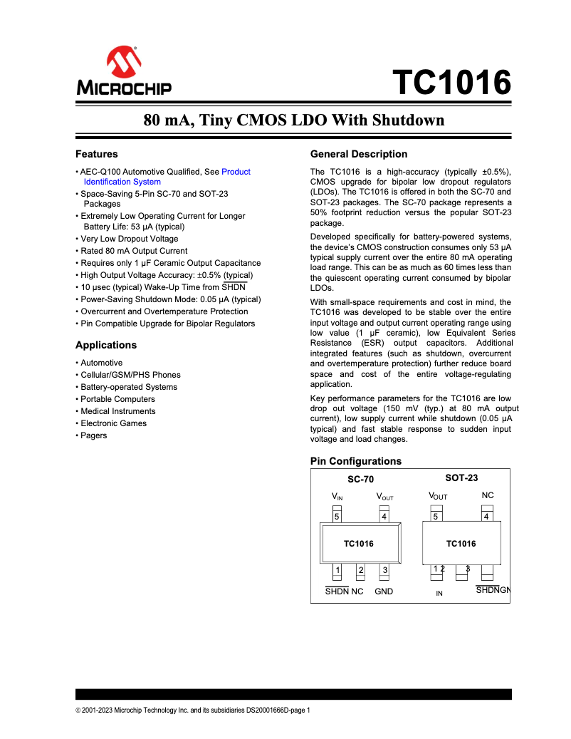 Página nº 1 - Ficha técnica Microchip TC1016