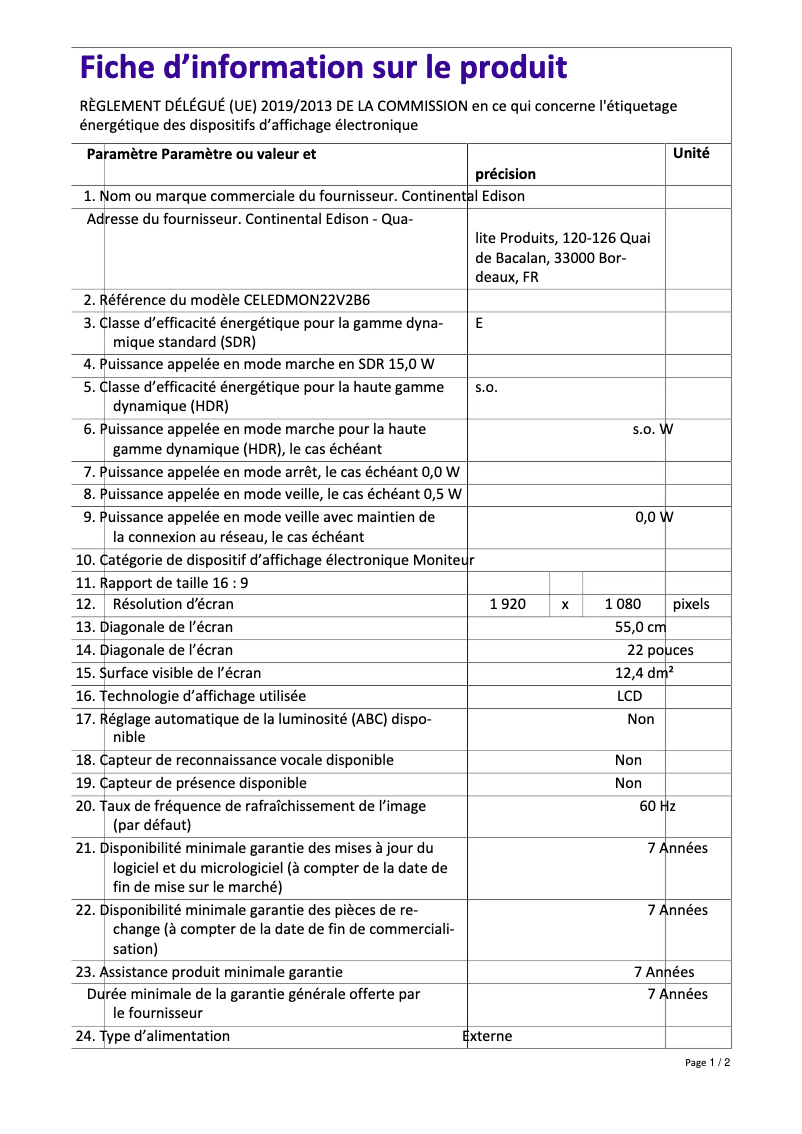Página 1 del manual Etiqueta energética Continental Edison CELEDMON22V2B6