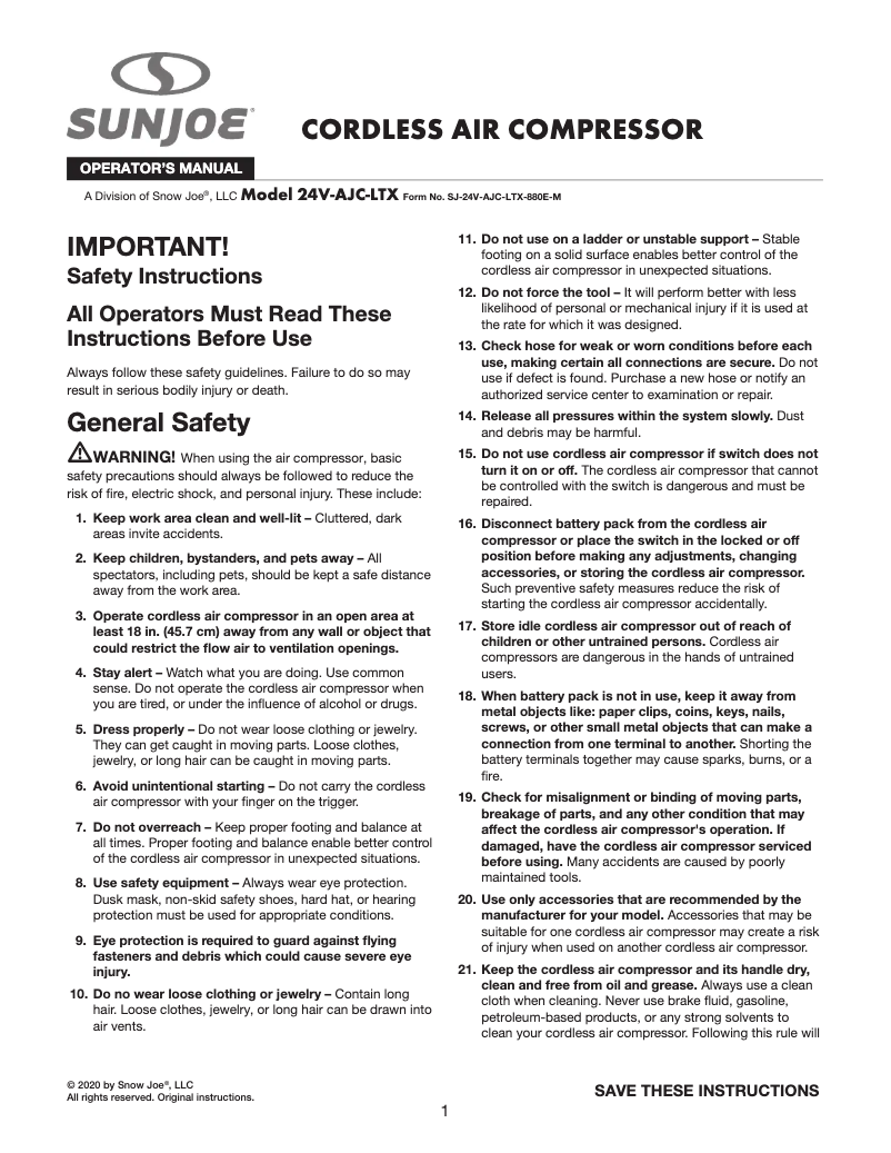 Página 1 del manual Manual de usuario Sun Joe 24V-AJC-LTX