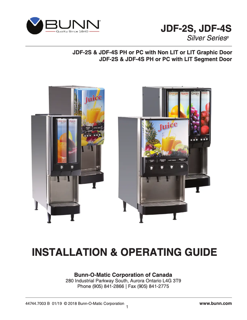 Página 1 del manual Guía de instalación Bunn JDF-2S