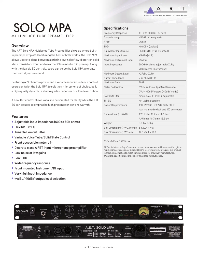 Página 1 del manual Ficha técnica ART SOLO MPA