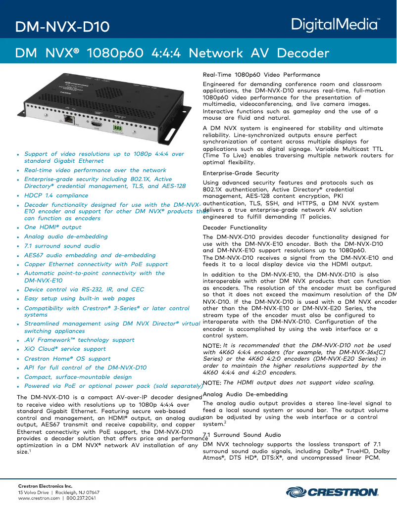 Página 1 del manual Ficha técnica Crestron DM-NVX-D10