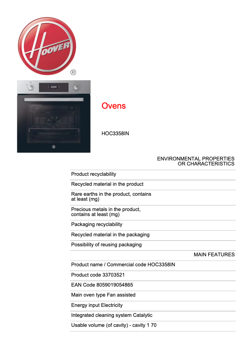 Página 1 del manual Ficha técnica Hoover H-OVEN 300 HOC3358IN