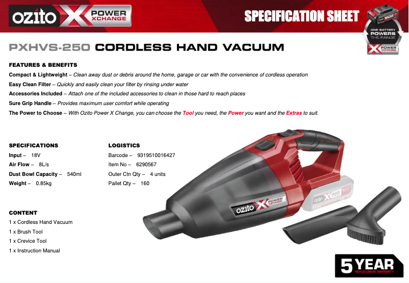 Página 1 del manual Ficha técnica Ozito PXHVS-250