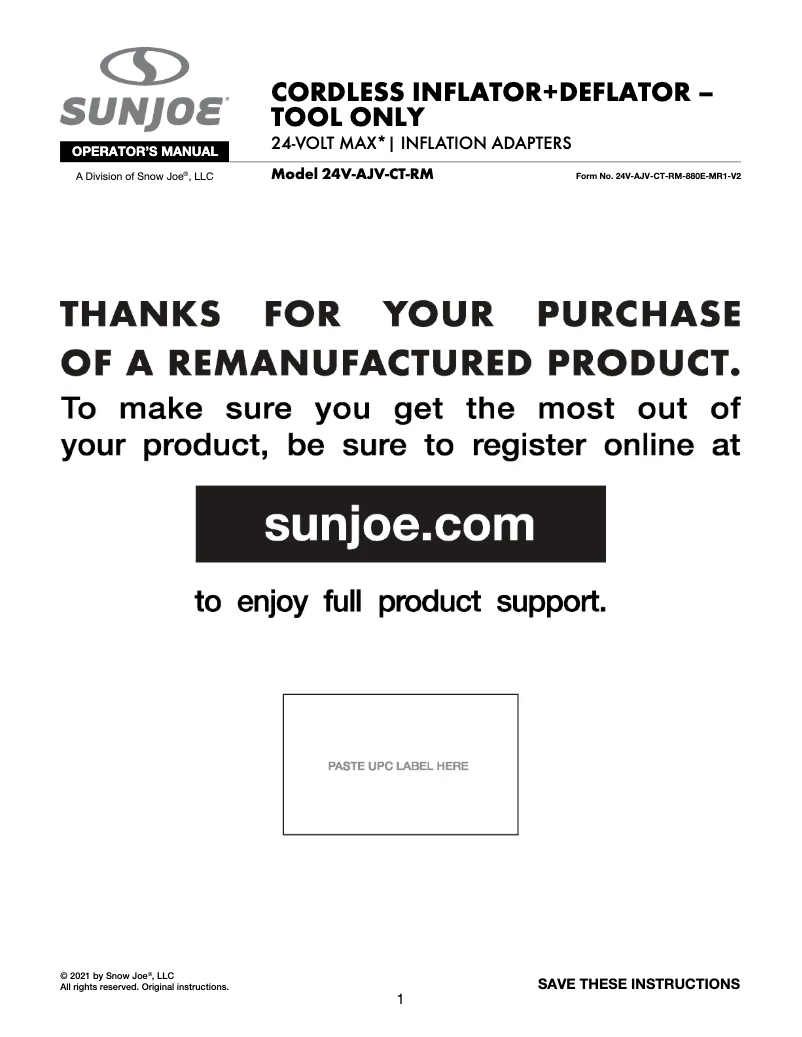 Página 1 del manual Manual de usuario Sun Joe 24V-AJV-CT-RM