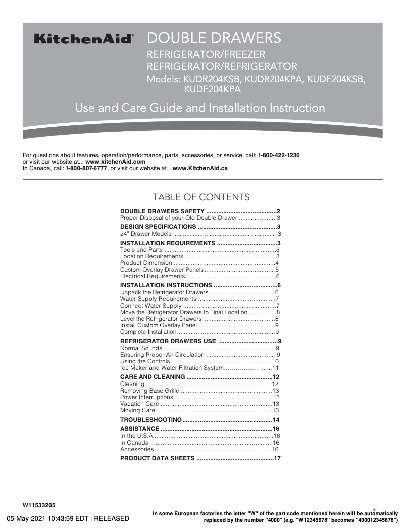 Página nº 1 - Manual de usuario KitchenAid KURR314KBS