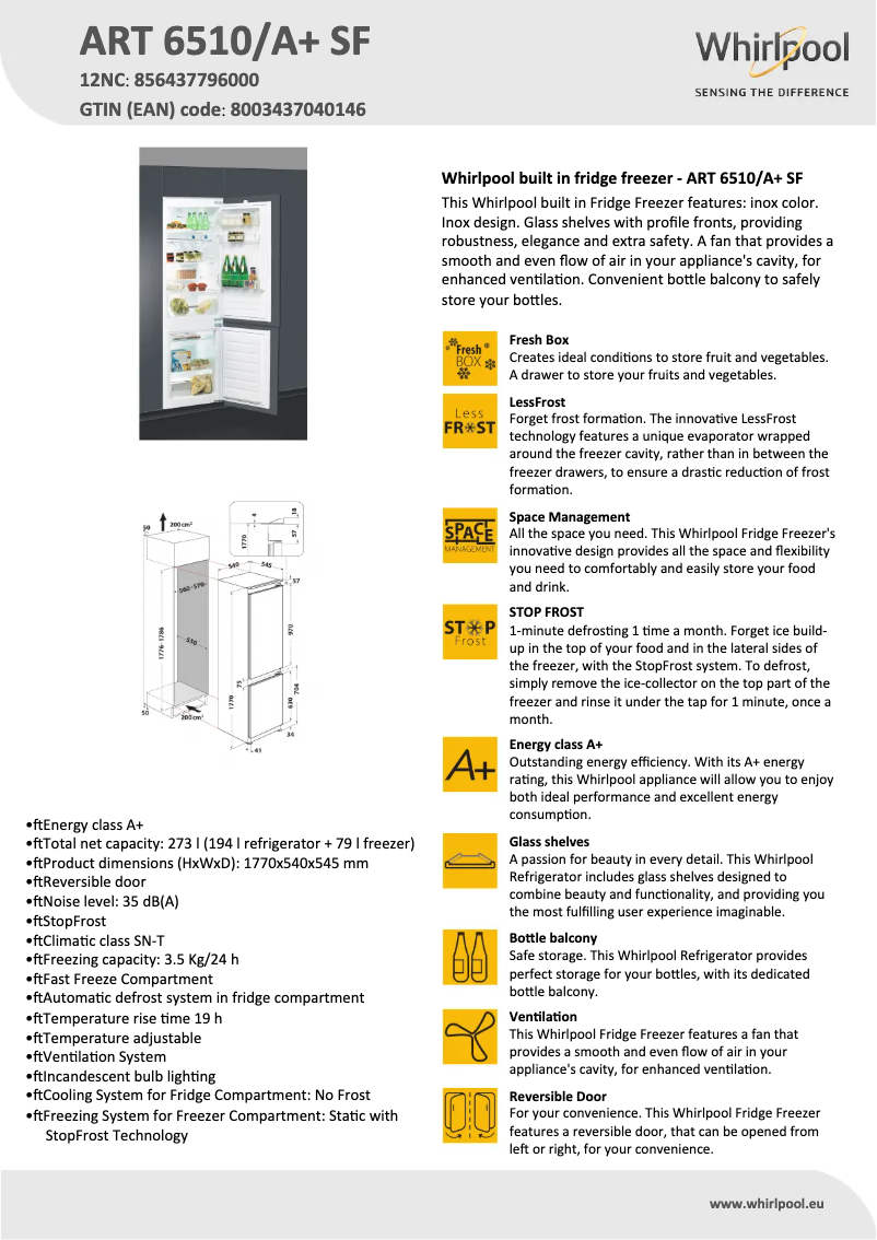 Página 1 del manual Ficha técnica Whirlpool ART 6510/A+ SF