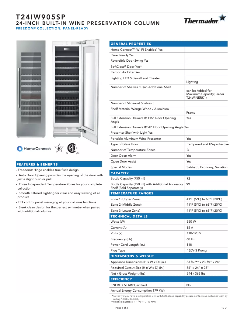 Página 1 del manual Ficha técnica Thermador T24IW905SP