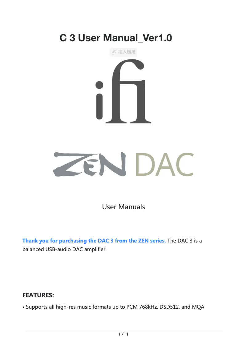 Imagen de la primera página del manual del dispositivo Zen Dac 3