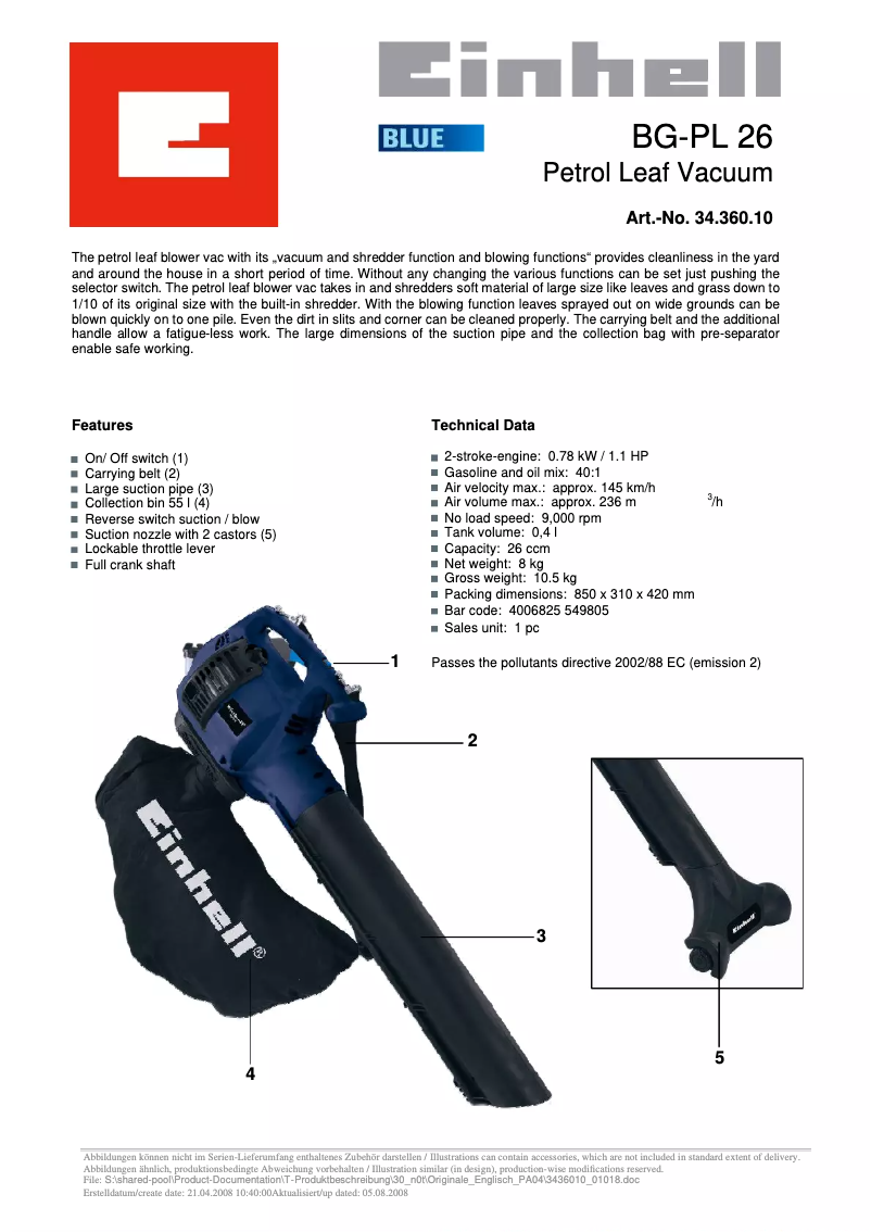 Página 1 del manual Ficha técnica Einhell BG-PL 26