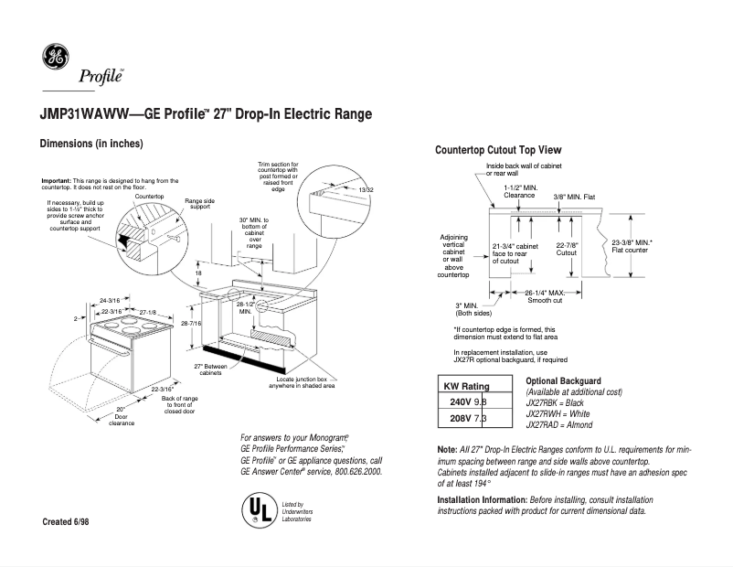 Imagen de la primera página del manual del dispositivo Profile JMP31WAWW