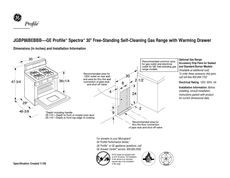 Página 1 del manual Ficha técnica GE Profile Spectra JGBP86BEBBB