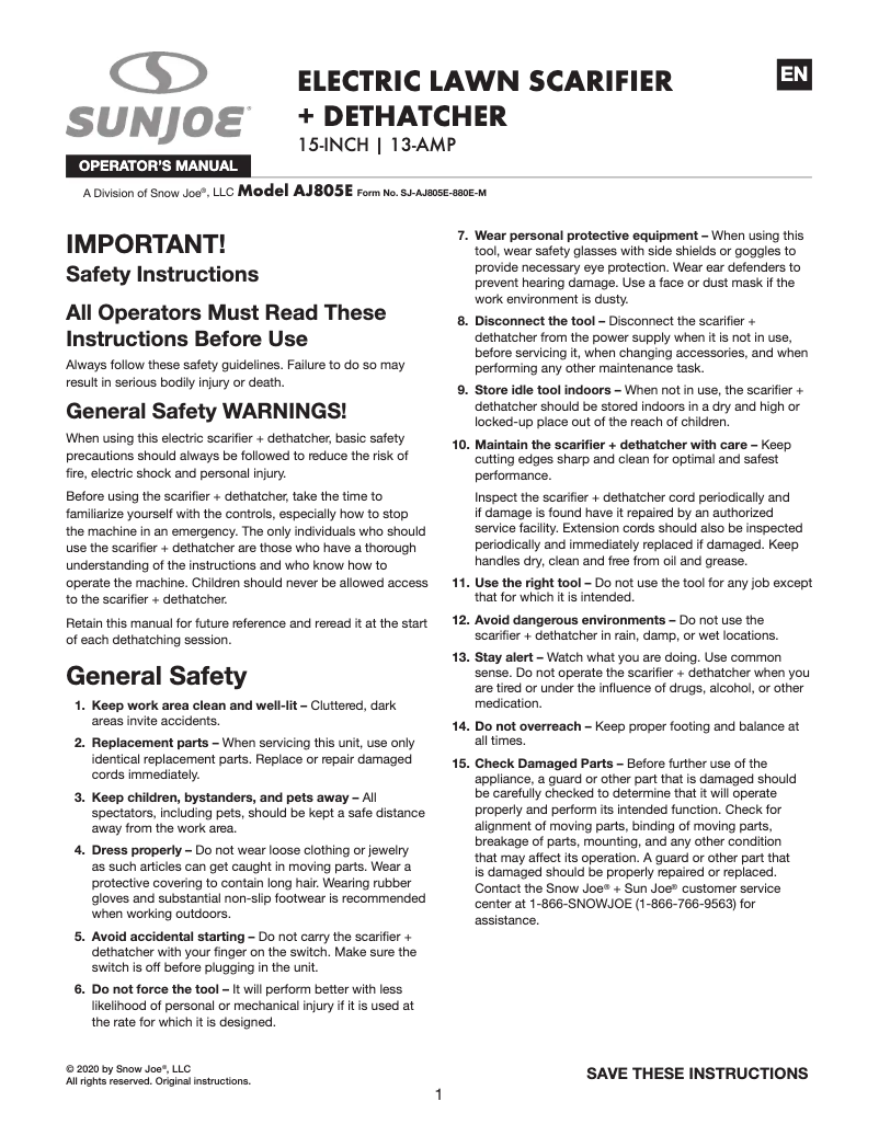 Página 1 del manual Manual de usuario Sun Joe AJ805E
