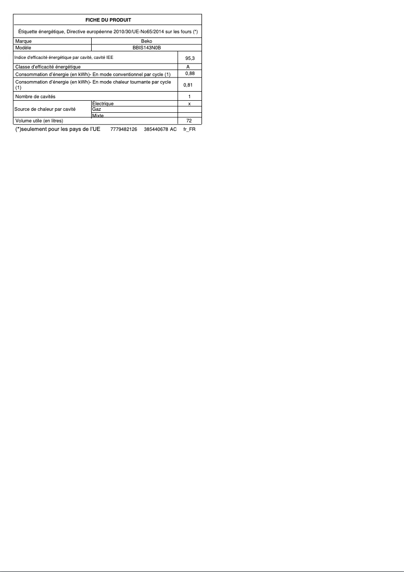 Página 1 del manual Ficha técnica Beko BBIS143N0B