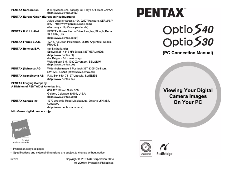 Imagen de la primera página del manual del dispositivo Optio S30