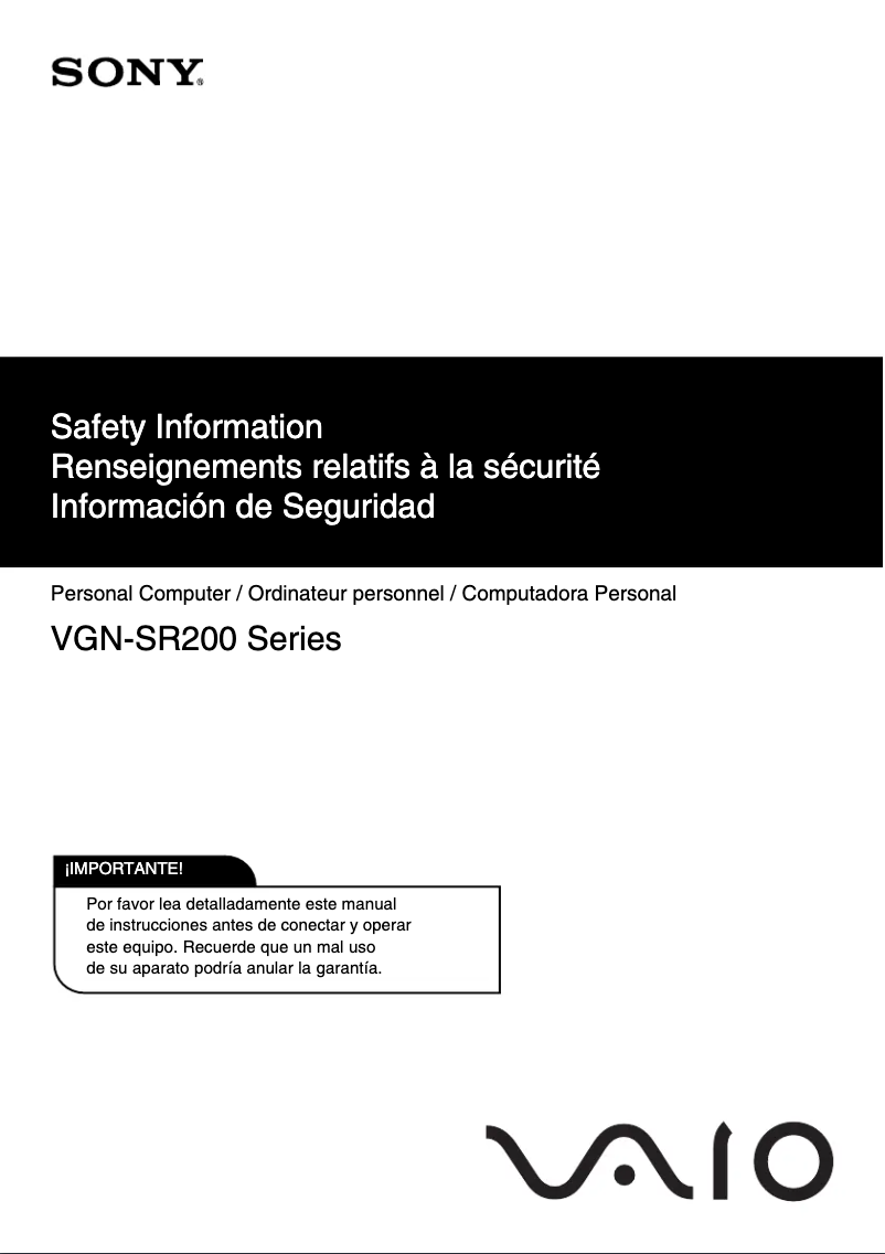 Página 1 del manual Instrucciones de seguridad Sony Vaio VGN-SR240N