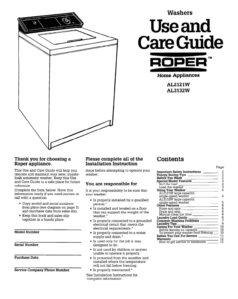 Página 1 del manual Manual de usuario Roper AL3132WW1