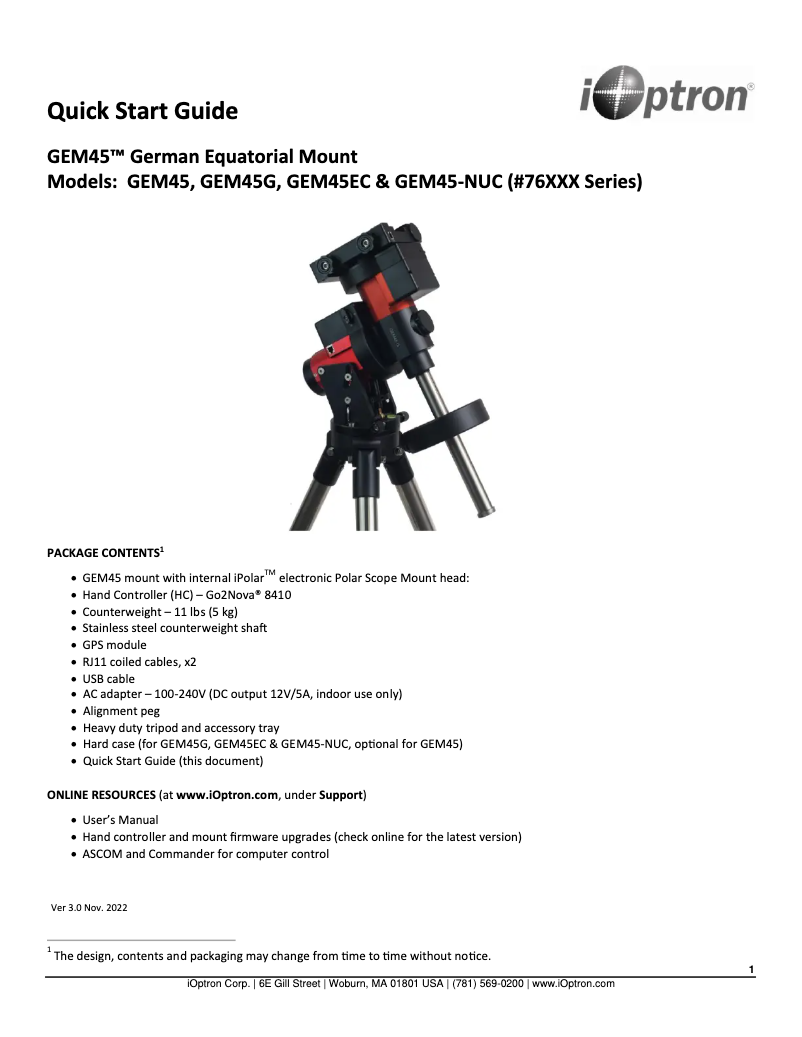 Página 1 del manual Guía de inicio rápido iOptron GEM45EC