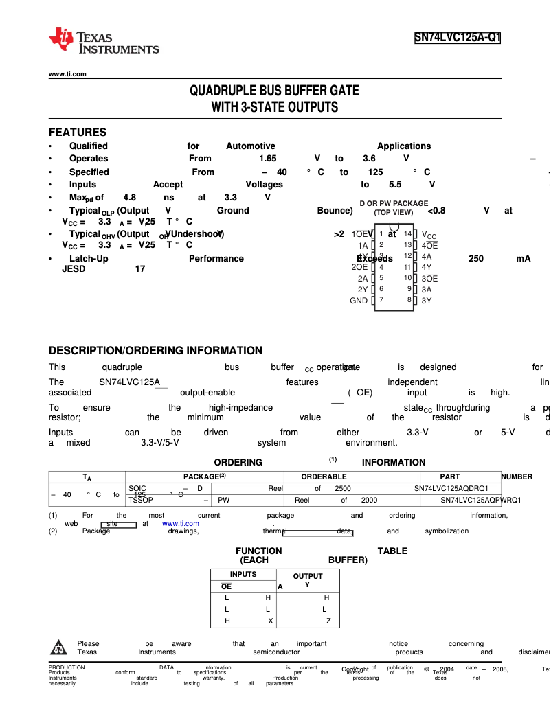 Imagen de la primera página del manual del dispositivo SN74LVC125AQPWRQ1