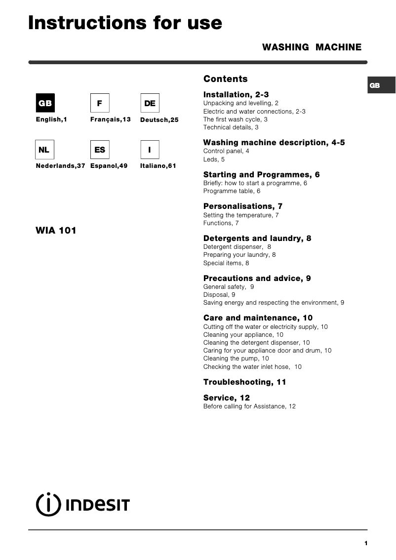 Imagen de la primera página del manual del dispositivo WIA 101