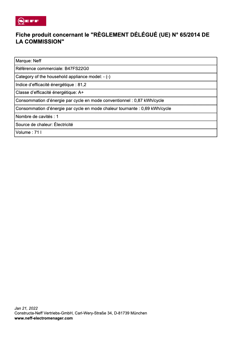 Página 1 del manual Etiqueta energética Neff B47FS22G0