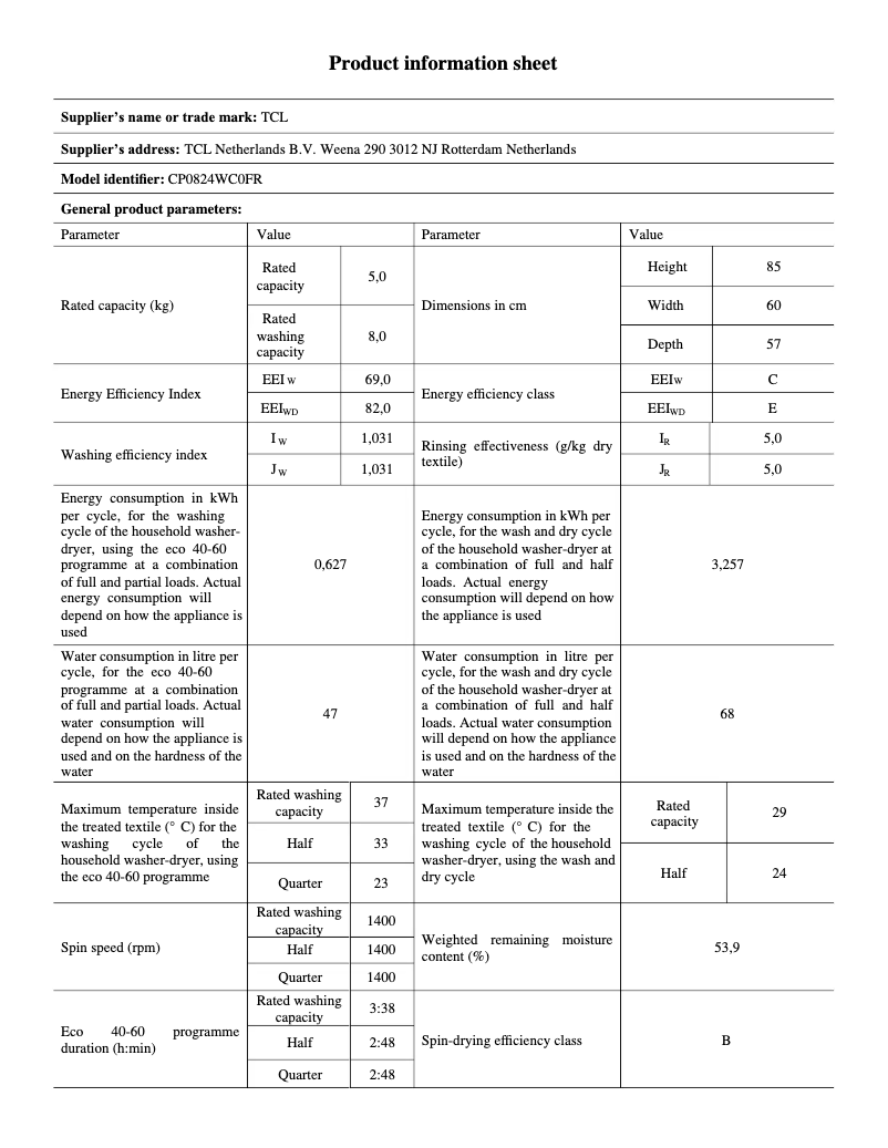 Página 1 del manual Ficha técnica TCL CP0824WC0