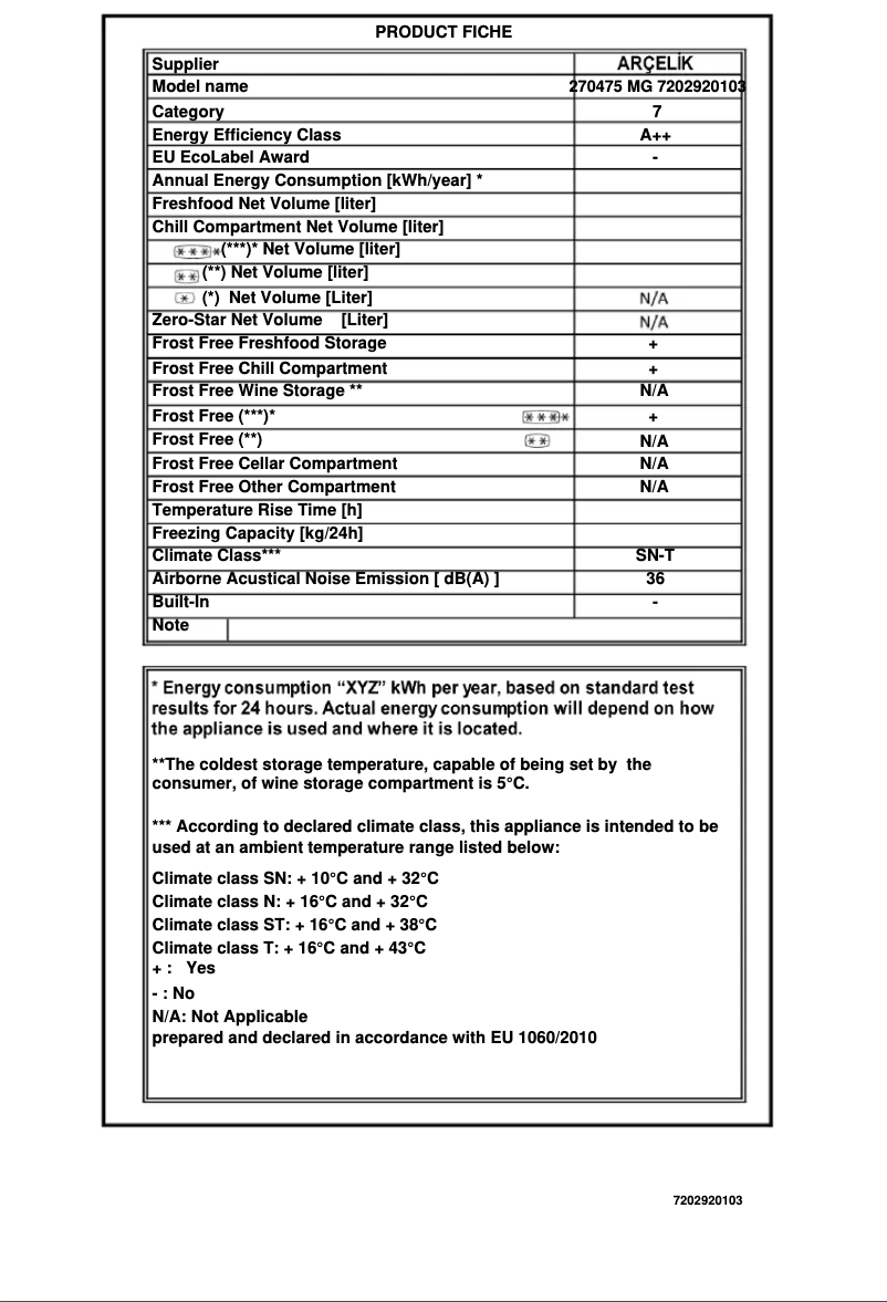 Página 1 del manual Ficha técnica Arçelik 270475 MG