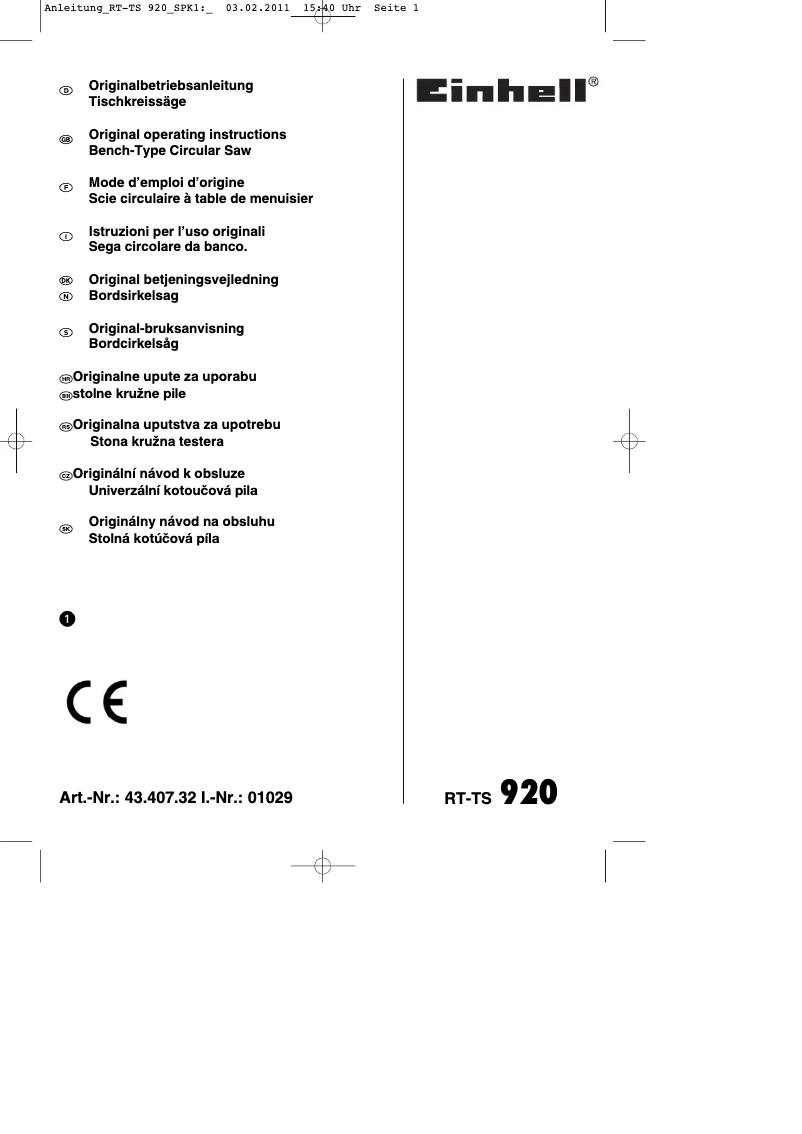 Página 1 del manual Manual de instrucciones Einhell RT-TS 920