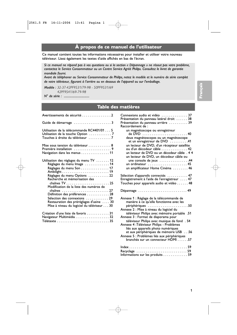 Imagen de la primera página del manual del dispositivo 42PF9531