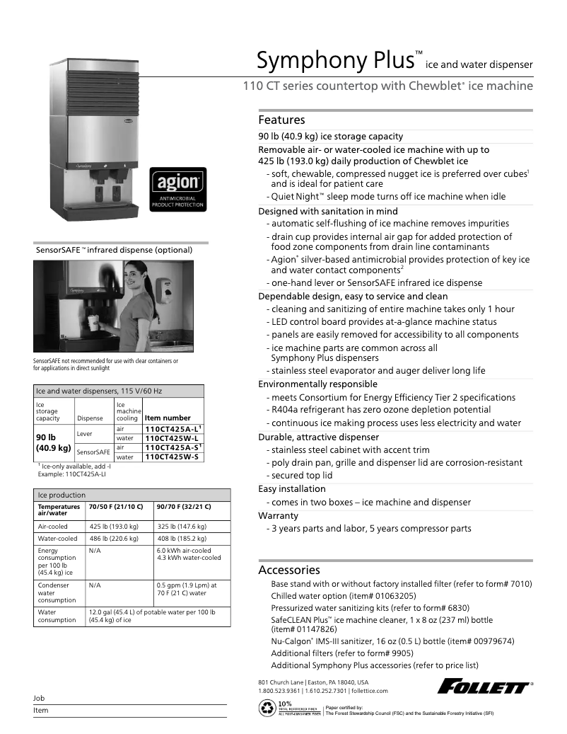 Página 1 del manual Ficha técnica Follett 110CT425W-S