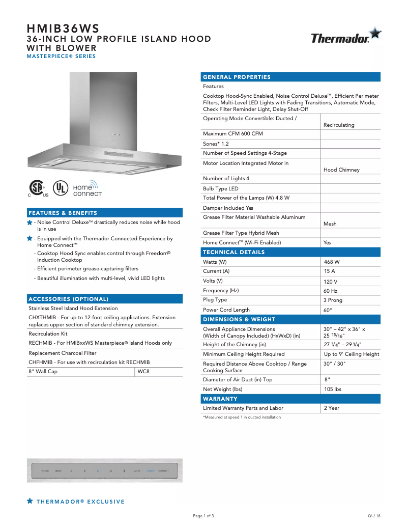 Página 1 del manual Ficha técnica Thermador HMIB36WS