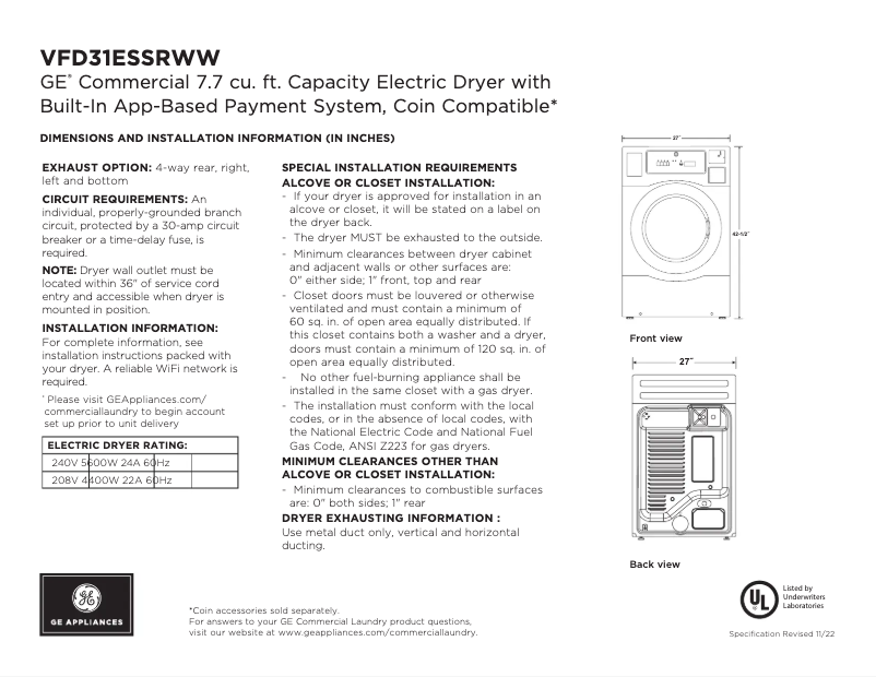 Página 1 del manual Ficha técnica GE VFD31ESSRWW