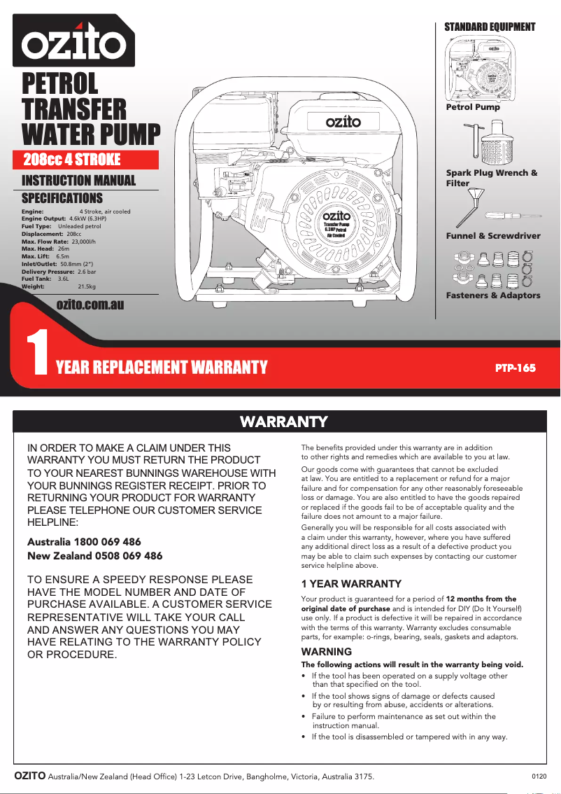 Imagen de la primera página del manual del dispositivo PTP-165