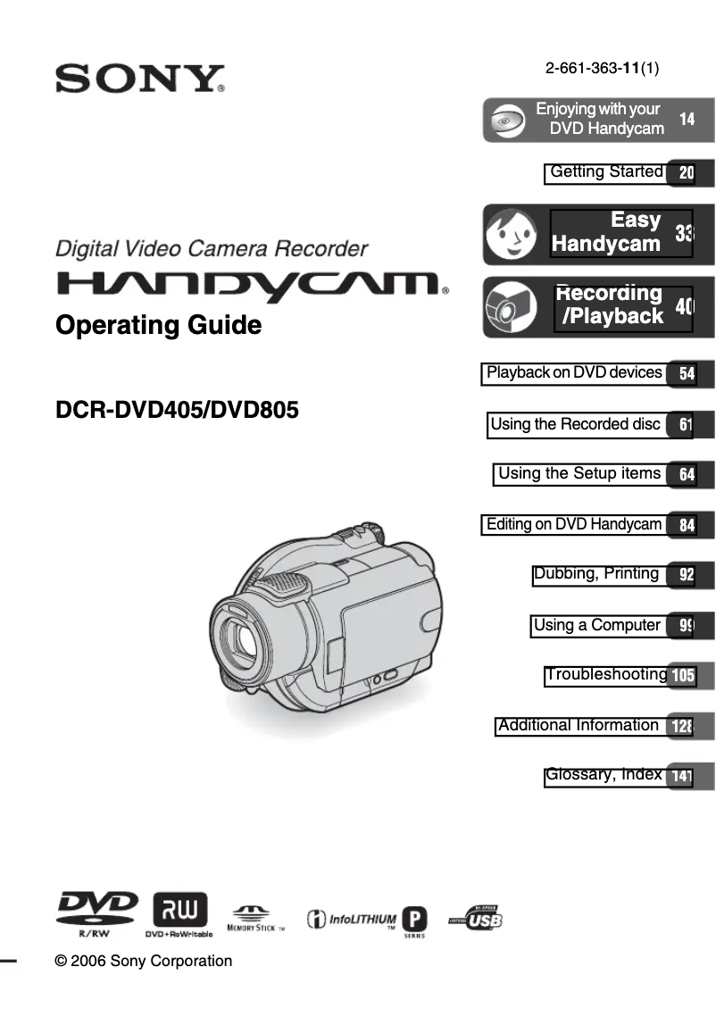 Imagen de la primera página del manual del dispositivo Handycam DCR-DVD405