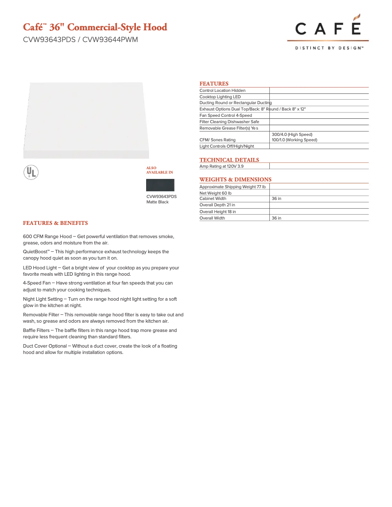 Página 1 del manual Ficha técnica GE CVW93644PWM