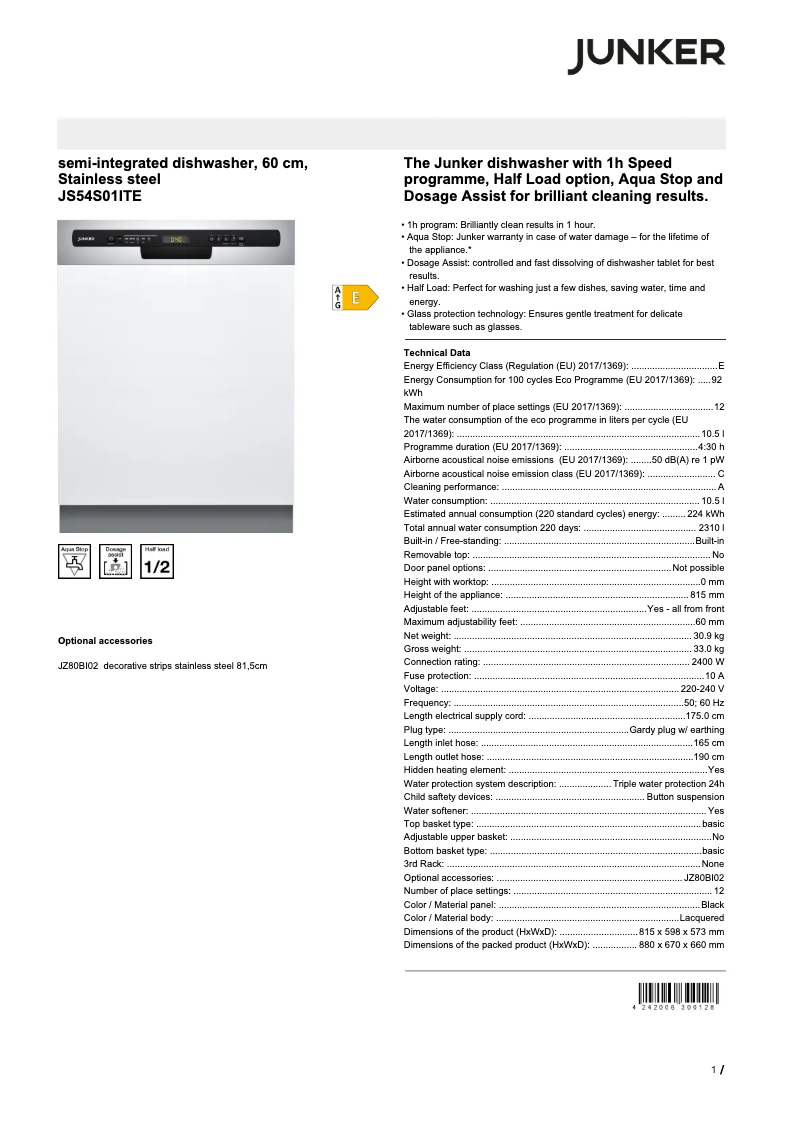 Página 1 del manual Ficha técnica Junker JS54S01ITE