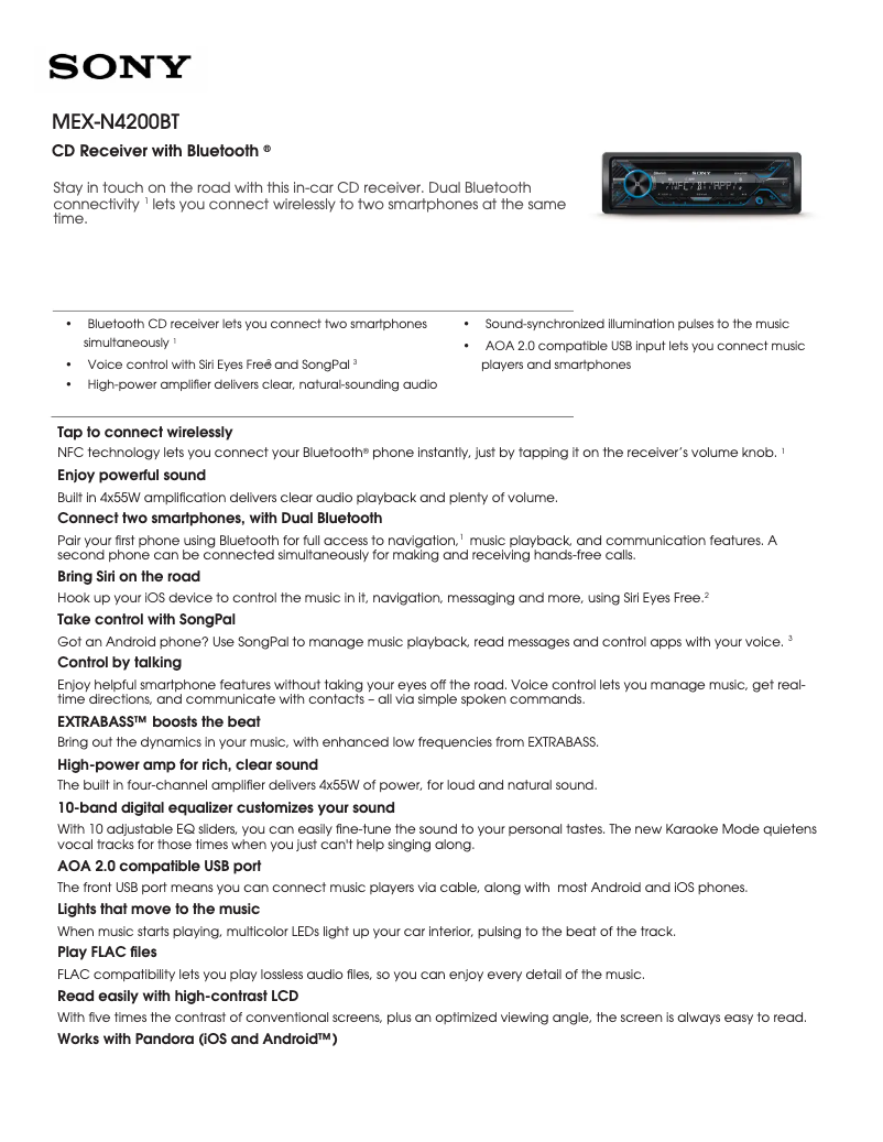 Página 1 del manual Ficha técnica Sony MEX-N4200BT