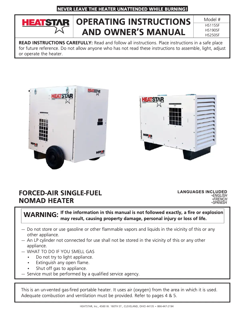 Página 1 del manual Manual de usuario HeatStar NOMAD HS115SF