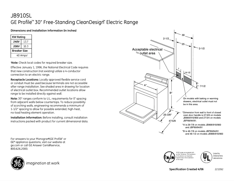 Imagen de la primera página del manual del dispositivo Profile JB910SLSS