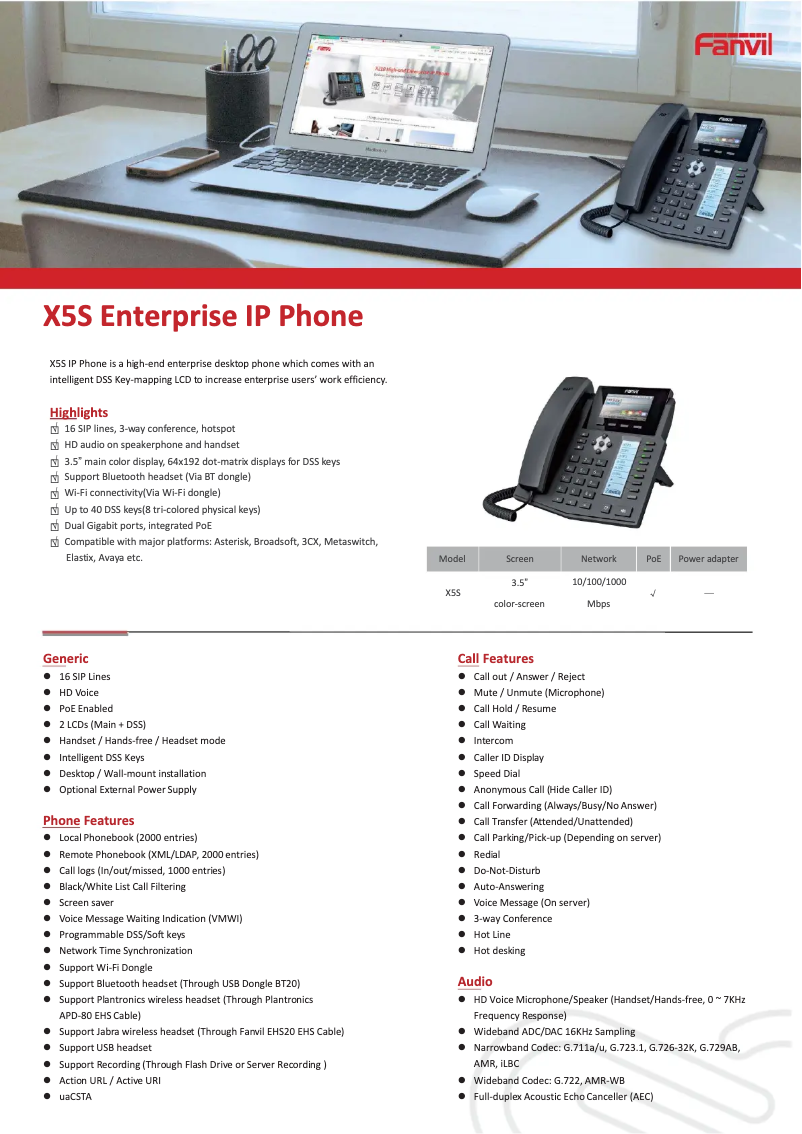Página 1 del manual Ficha técnica Fanvil X5S