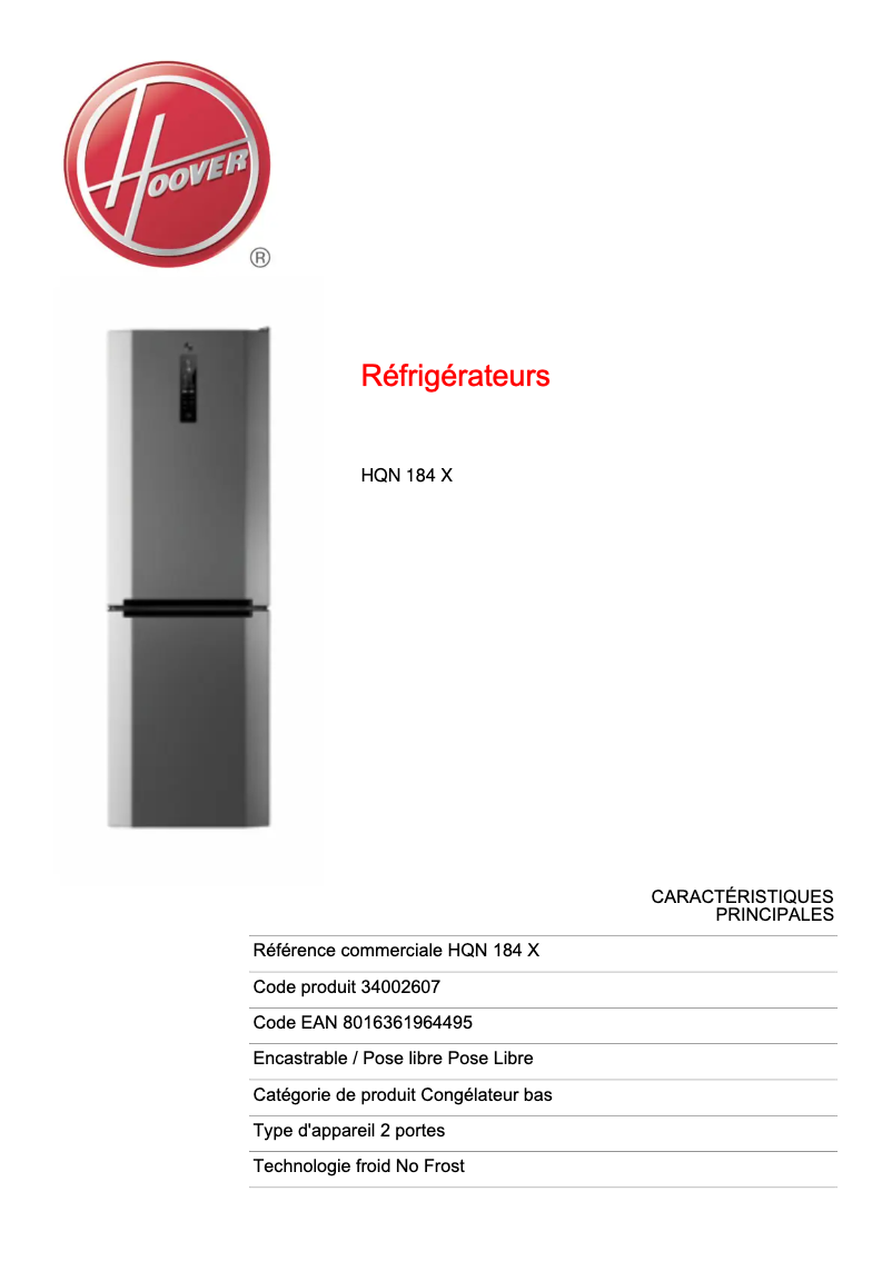 Página nº 1 - Ficha técnica Hoover HQN 184 X