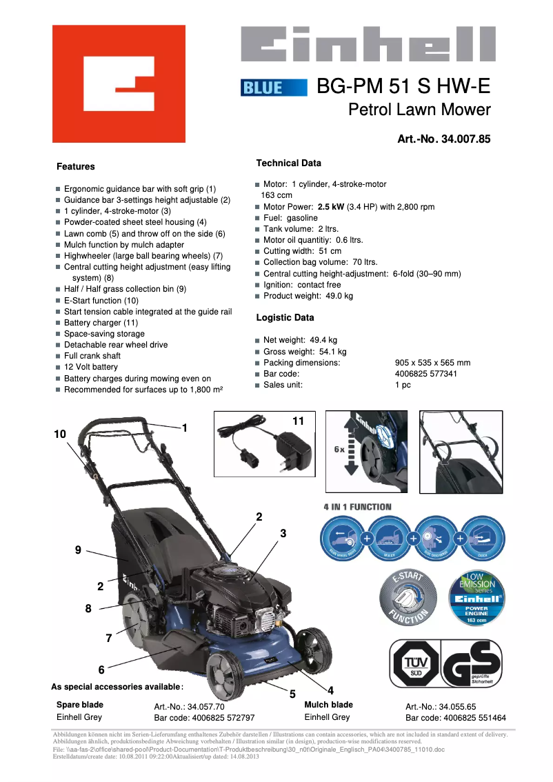 Página 1 del manual Ficha técnica Einhell BG-PM 51 S HW