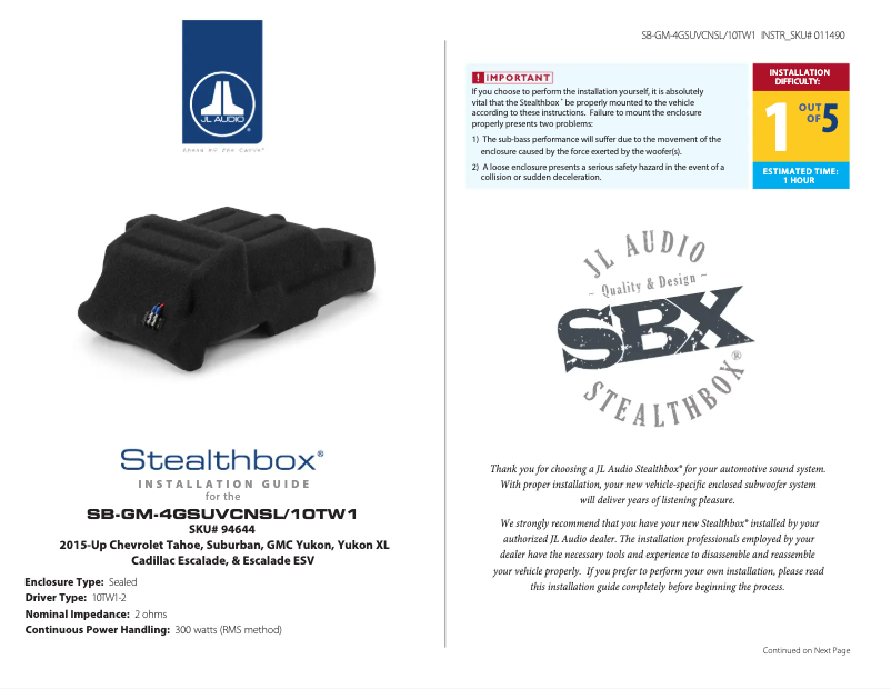 Imagen de la primera página del manual del dispositivo Stealthbox SB-GM-4GSUVCNSL/10TW1