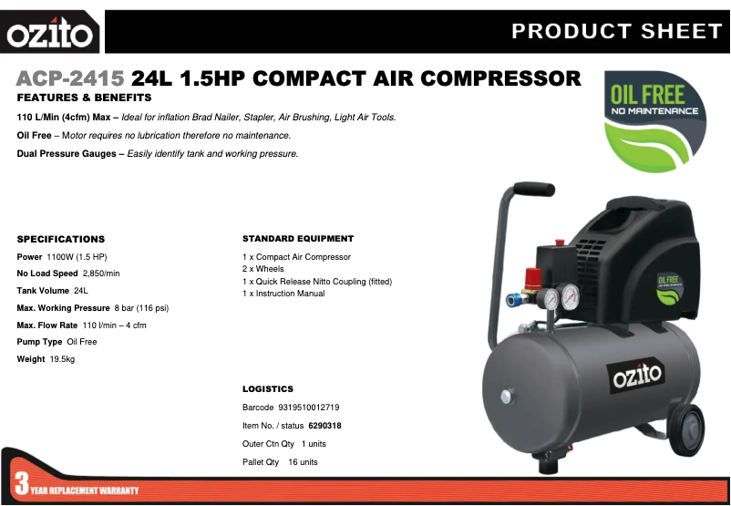 Página 1 del manual Ficha técnica Ozito ACP-2415
