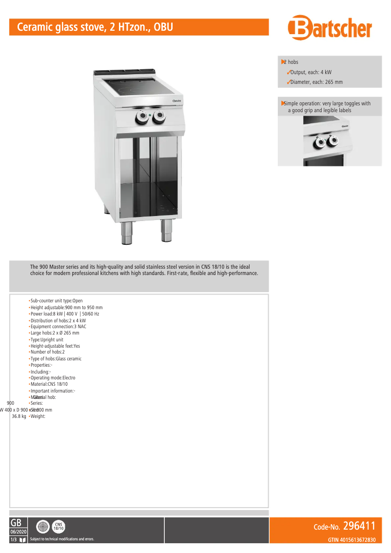 Página 1 del manual Ficha técnica Bartscher 296318