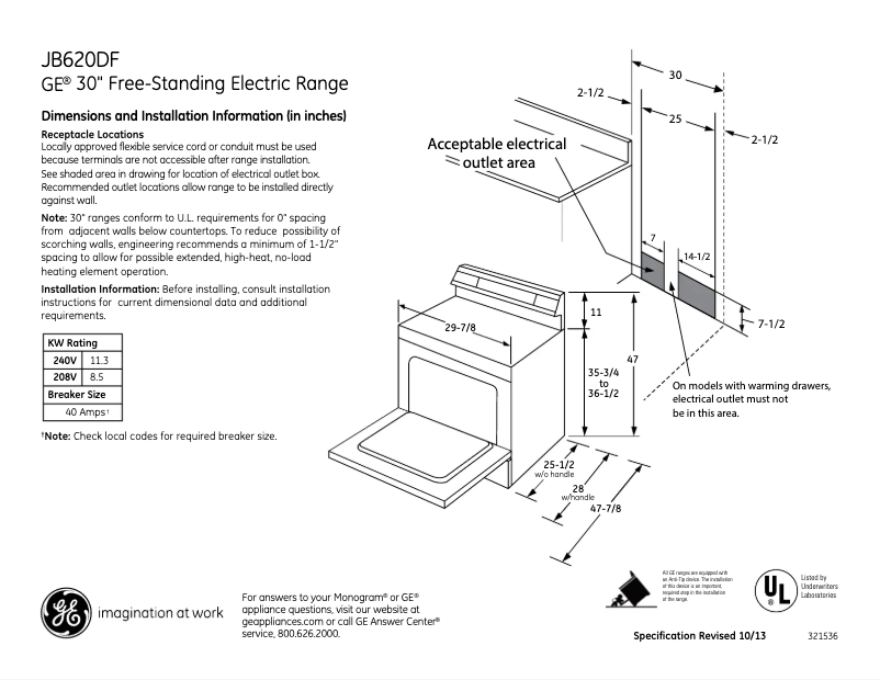 Página 1 del manual Ficha técnica GE JB620DFBB