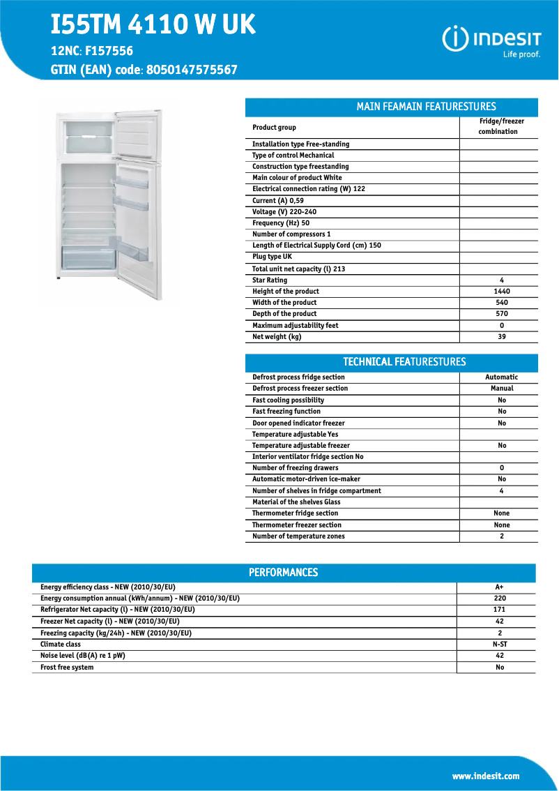 Página 1 del manual Ficha técnica Indesit I55TM 4110 W UK
