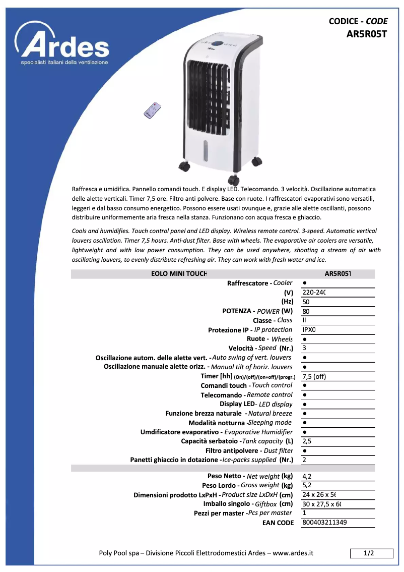 Página 1 del manual Ficha técnica Ardes Eolo Mini Touch AR5R05T